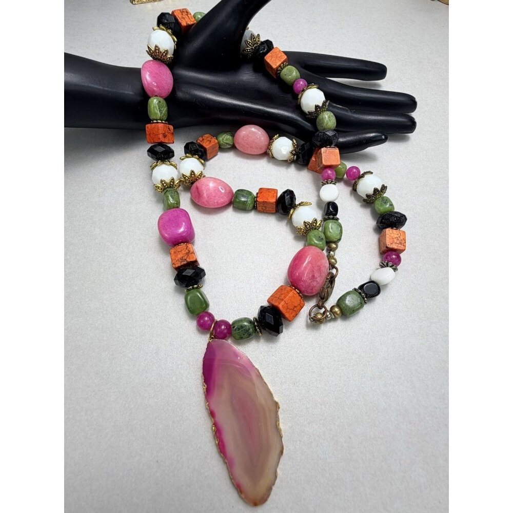Long Colorful Gemstone Agate Slice Necklace 34” Bold Statement